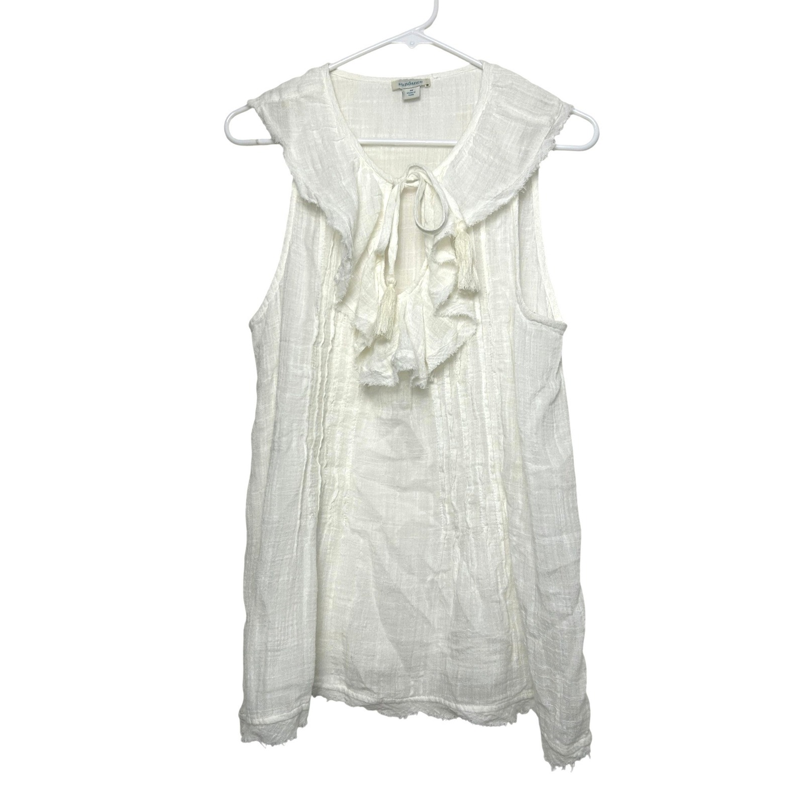 Sundance Blouse Womens M White Gauze Sleeveless Ruffle Tassel Boho Romantic Boho